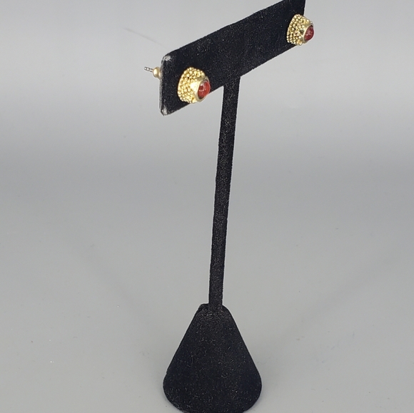 Goldtone Necklace, Red Studs and Half Oval Ring set, 3pc set - Picture 4 of 12